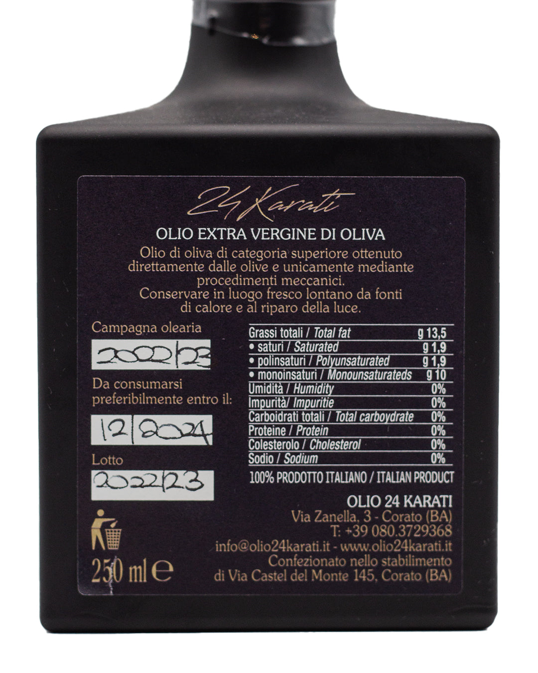 Bottiglia Vetro Quadrata Black - Olio EVO Monocultivar "La Coratina" - 250ml
